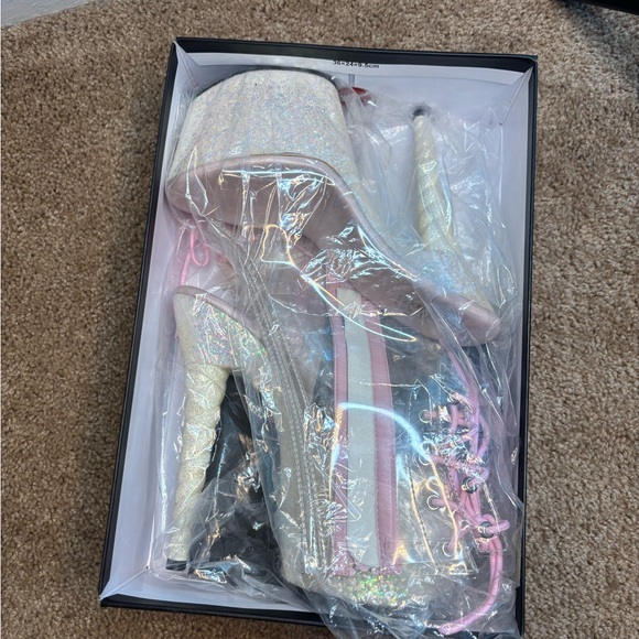 Pleaser Unicorn Pink and White Glitter Platform Heels - Picture 7 of 9